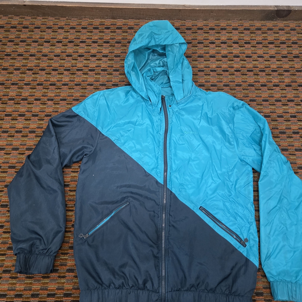 Reebok Windbreaker Jacket Men’s Teal Navy Full Zip Hooded Lightweight Colorblock